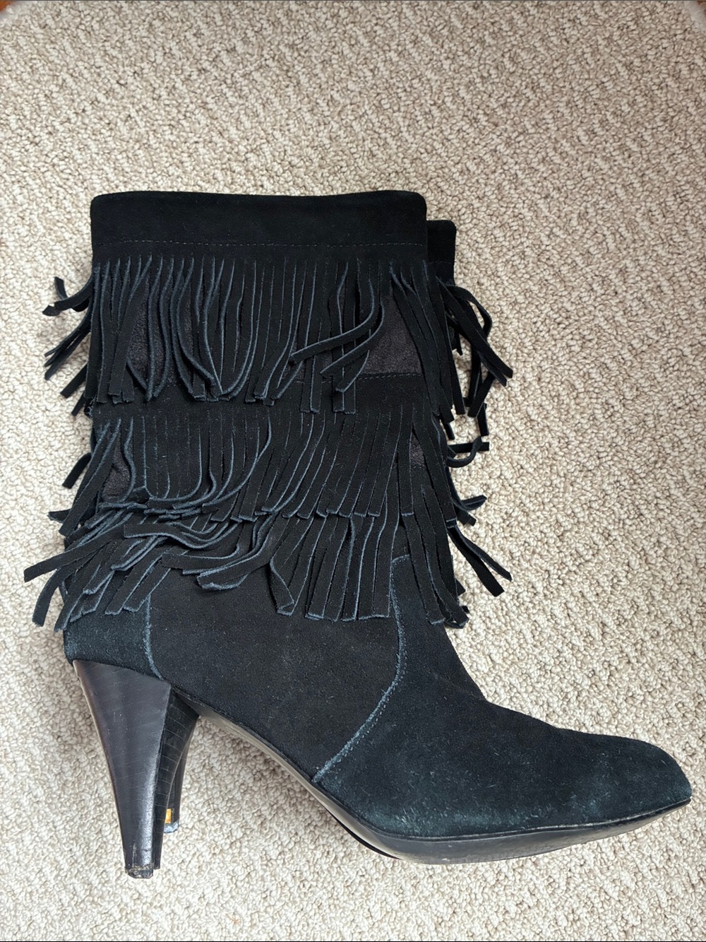 Chinese Laundry Black Suede Fringe Mid-Calf Heeled Boot